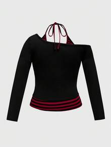 ROMWE Grunge Punk Áo thun cổ yếm in họa tiết màu tương phản Y2K gợi cảm dạo phố cỡ lớn - màu đen - Xem 2