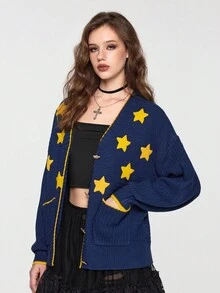 ROMWE EDITION 嬉皮撞色星形针织开衫 - 藏蓝色 - 查看 4