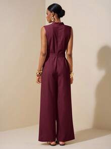 Zivah 2025 Spring/Summer New Apricot Sleeveless Asymmetric Ruched Waist Belt Tie Textured Linen Jumpsuit-B