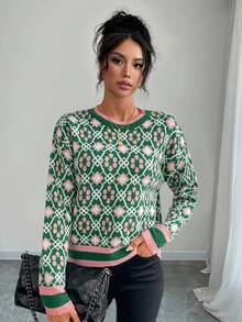 EMERY ROSE Women's Full Print Color Block Crew Neck Long Sleeve Knit Pullover Sweater, Fashionable For Autumn/Winter Knit Pullover Fall - Green - View 3