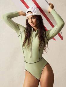 VARSIVA Round Neck Long Sleeves Stripe Women Rashguards - Green - View 2