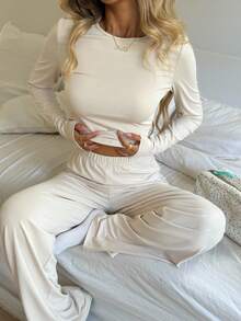 SHEIN Tween Girls Long Sleeve T-Shirt & Wide Leg Pants Co-Ord Set, Light Apricot - Apricot - View 4