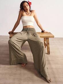 Bohemela Plus Size Women's Solid Color High Waist Loose Pockets Wide Leg Pants - Brown - View 15