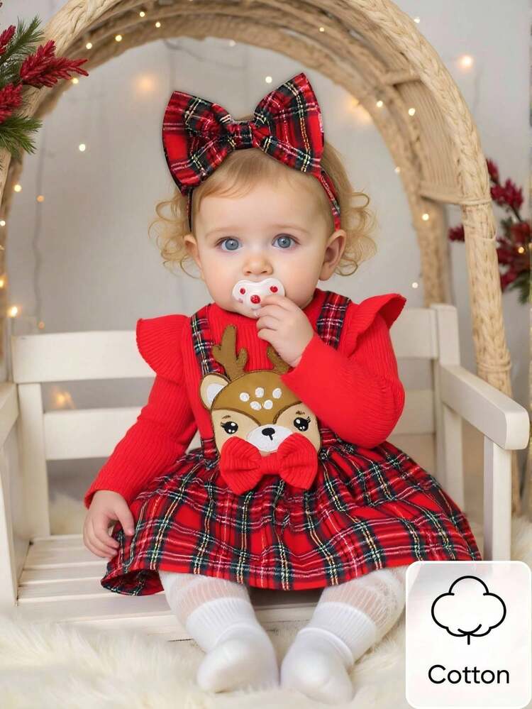 SHEIN Recién nacido bebé niña otoño/invierno Navidad vacaciones lindo dibujo animado ciervo tirantes falda a cuadros con lazo y body de manga larga rojo diadema y venda para la cabeza estilo vacaciones tela suave otoño - Rojo - Añade 3