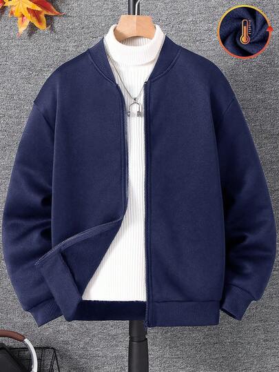 SHEIN 一件装，适合青少年男孩休闲运动学院风基础款外套，加厚抓绒，适合日常穿着、返校、上学、旅行、运动，适合春秋冬季节，拉链设计，纯色棒球夹克/毛衣外套/夹克，秋冬季款。