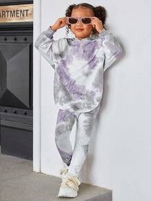 SHEIN 2-teiliges Outfit für Kleine Mädchen mit Batik-Asymmetrischem Saum Drop-Shoulder Kapuzenpullover & Leggings, bequem, für Herbst und Winter, ideal für Lässig & Alltag & Schule, coole Streetstyle Mädchen, Y2K Stil