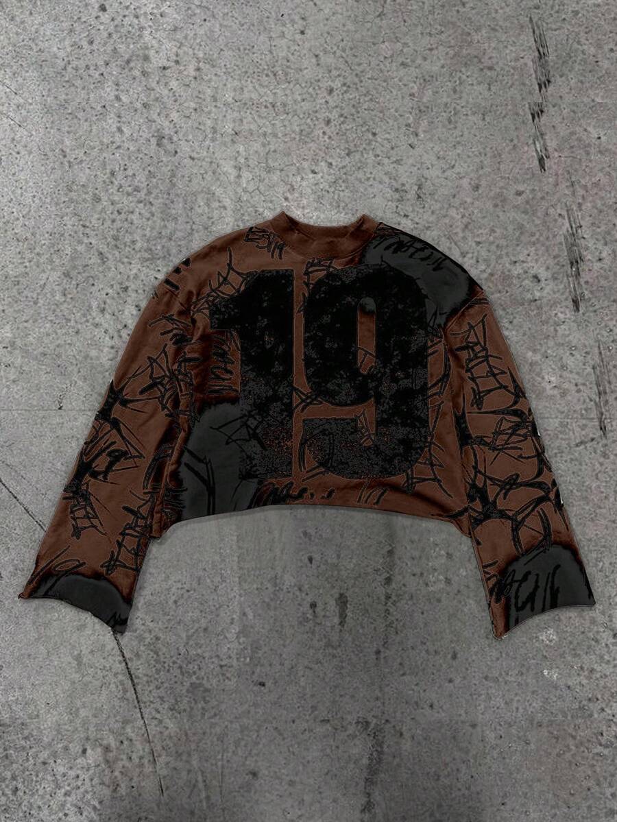 Manfinity Dauomo Men's Fashion Graffiti Print Crew Neck Sweatshirt , Fall, Long Sleeve Top - Coffee Brown - View 1