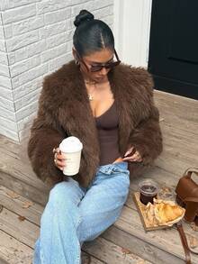 DAZY 女士加厚短款仿毛皮外套，棕色，秋冬女式外套 - 棕色 - 查看 3