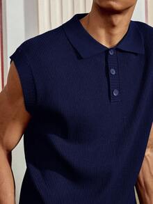 SWAVVY Áo ba lỗ tay ngắn dáng rộng thoải mái dệt kim cho nam, dành cho mùa thu đông - Màu xanh lam - Xem 4