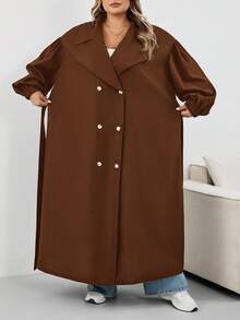 SHEIN CURVE+ 大码女式黑色长款风衣，黑色长袖简约休闲日常夹克大码风衣 8xl 女式外套 Curve 风衣大码秋季外套，女式秋季服装，女式秋季服装，冬季，CURVE PLUS - 棕色 - 查看 8