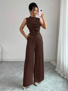 Elenzga Bộ đồ liền thân không tay cổ đứng màu xanh lá cây thanh lịch dành cho nữ, mùa xuân/hè - màu nâu - Xem 3