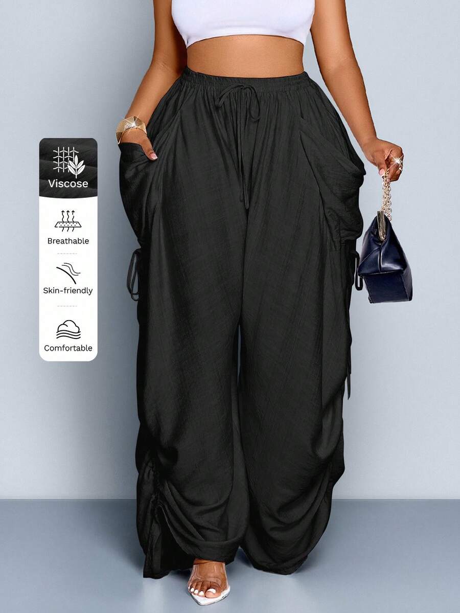 SOLERSUN 大码女式纯色腰带口袋阔腿宽松休闲裤 - 黑色 - 查看 1