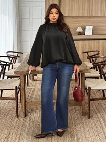 Weeklong Plus Size Solid Color Lantern Sleeve Back Split Tie Waist Shirt Fall Cloth For Women - Black - View 2