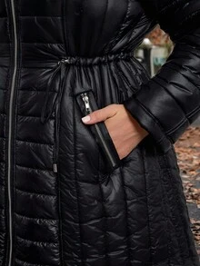 SHEIN Clasi Áo khoác dài chần bông có khóa kéo cỡ lớn dành cho nữ, mùa thu/đông - màu đen - Xem 9