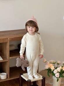DAZY Baby Girl Solid Color Korean Style Knitted Jumpsuit Fall, Winter Toddler Girls Clothes - Beige - View 3