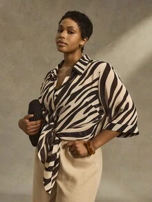 Linhara Áo sơ mi dáng rộng, tay 3/4, họa tiết ngựa vằn cỡ lớn dành cho nữ - Màu be - Xem 6