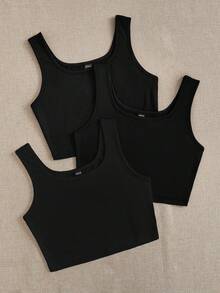 SHEIN EZwear 3 件套女士黑色超短款紧身休闲吊带背心，适合夏季 - 黑色 - 查看 4