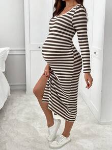 SHEIN 孕妇条纹圆领长袖侧开衩下摆修身休闲连衣裙