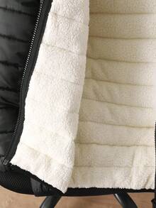 SHEIN Tween Girl 休闲连帽拉链长袖保暖内衬冬季派克大衣，适合通勤、上学、休闲、旅行、秋冬，黑色