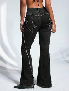 Jeanoix Quần jeans ống loe cạp trễ thời trang cỡ lớn, viền tua rua giặt sạch, viền tua rua - Màu xanh lam - Xem 2