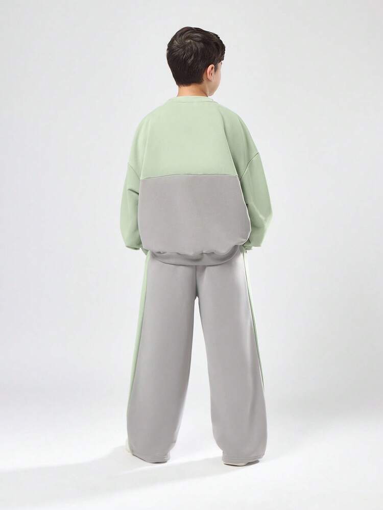 Color Block Sweatshirt And Wide Leg Pants Set With Brooklyn Text