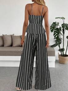 INAWLY 2pcs Women's Elegant Vacation Tie Bow Button Waist Camisole & Wide Leg Striped Pants Set - Black - View 2