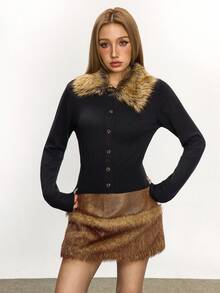 Rina Fox Áo khoác cardigan dệt kim cổ lông giả màu kaki cài nút tương phản, cạp chun cho nữ, mùa thu/đông - màu đen - Xem 6