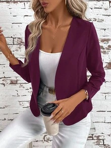 SHEIN Clasi 女士优雅荷叶边长袖百搭黑色夹克 - 紫紅色 - 查看 5