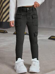 SHEIN Young Girl Washed Slim Fit Cargo Jeans - Black - View 6