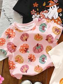 SHEIN Bộ 3 áo thun ngắn tay cổ tròn dễ thương cho bé gái Happikins màu trắng kem, hồng kem, đen với họa tiết nơ mùa thu, bí ngô và ma quỷ, thích hợp mặc ngoài trời, dạo phố, ở nhà, dự tiệc, đa năng cho mùa Halloween và thu. - Nhiều màu - Xem 4