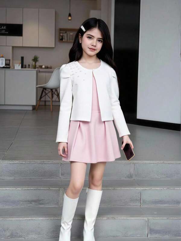 SHEIN Tween Girl Sweet Puff Sleeve Textured Knit Jacket With 3D Pearl Decor On Shoulders, Elegant Short Cardigan,Holiday,Summer,Travel