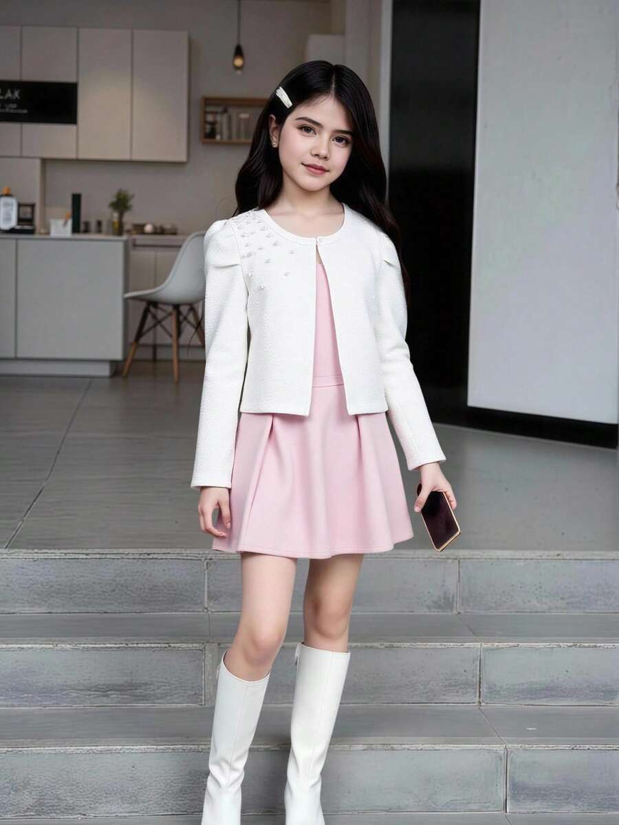 SHEIN Tween Girl 甜美泡泡袖纹理针织夹克,肩部有 3D 珍珠装饰,优雅短款开衫 - 白色 - 查看 1