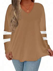 Plus Striped Print V Neck Tee Graphic Tees Women Tops - Brown - View 4