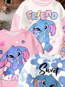 Tween Girl Kawaii Cartoon Blue Rabbit Lulu & Stitch Pattern, Blue Ombre Floral, Cream White & Cream Pink, Casual Loose Fit Crew Neck Comfortable Long Sleeve Sweatshirt, Suitable For Autumn/Winter, Vacay Vibes, Sunny Journey, Casual Spring, Summer Getaway, Cute Y2K Coconut Boho Vacation Springbreak, Brunch-Ready Baby Blue Trip, Neon Beach Vibes, Bohemian Hippie Music Festival - Multicolor - View 3