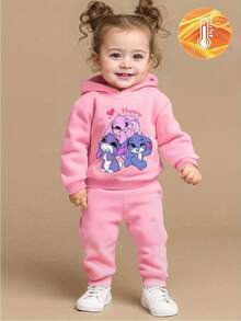 SHEIN Playful Pals 2pcs Baby Girl Outfit, Cute Cartoon Rabbit & Letter Print Hoodie Sweatshirt And Pants Set, Suitable For Outings In Autumn/Winter Fall - Pink - View 1
