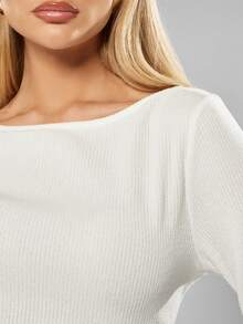MISSGUIDED Ribbed Knit Long Sleeve Top Fitted Crew Neck Pullover Sweater Fall Winter Casual - White - View 4