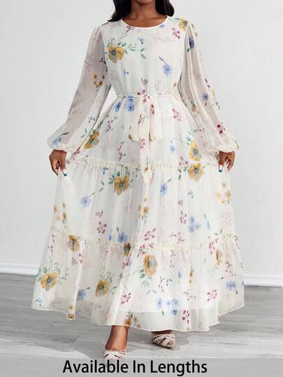 SHEIN PETITE CURVE 大码花卉印花荷叶边下摆系带长袖连衣裙