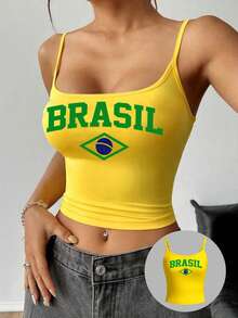 SHEIN EZwear Women's Brazil Pattern Printed Yellow Casual Sexy Tight Camisole Top, Suitable For Summer Back To School - Yellow - View 1