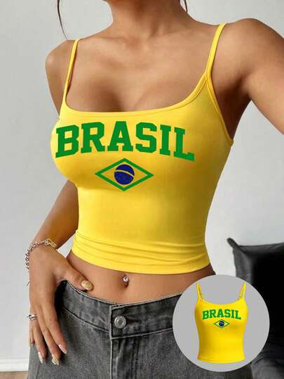 SHEIN EZwear Top de camisola ajustado de patrón de Brasil impreso en amarillo casual y sexy para mujer, adecuado para el verano