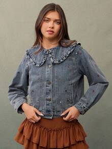 WESTFADE Áo khoác jean denim cao cấp 93% cotton thêu hoa cổ bèo nhún, thường ngày, dễ thương, mùa thu, mùa đông, phong cách Boho, trang phục phương Tây dành cho nữ, hòa nhạc đồng quê - Rửa trung bình - Xem 4