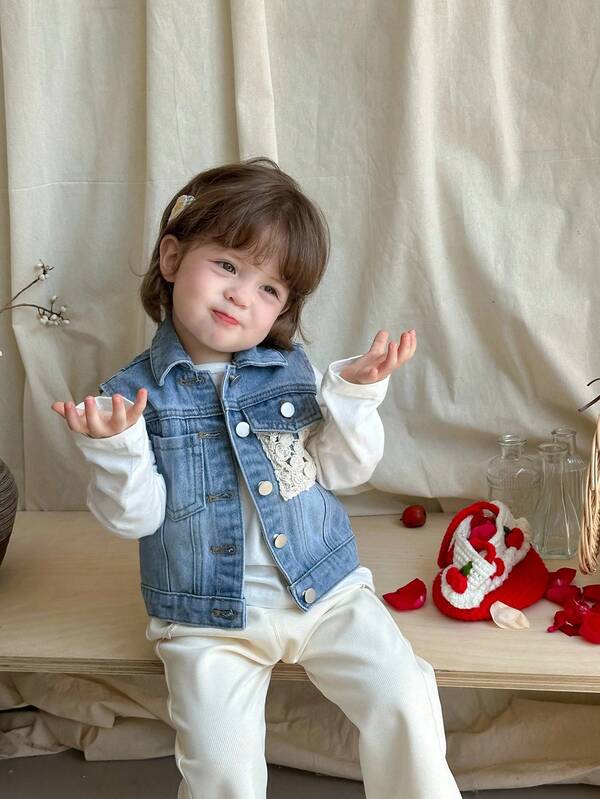 DAZY Gilet di jeans casual con patchwork in pizzo e colletto per bambine, abbigliamento per bambine