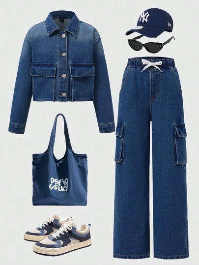 青少年女孩 Y2K 风格牛仔两件套服装，休闲街头套装，适合上学、通勤、日常穿着、聚会、秋冬穿着