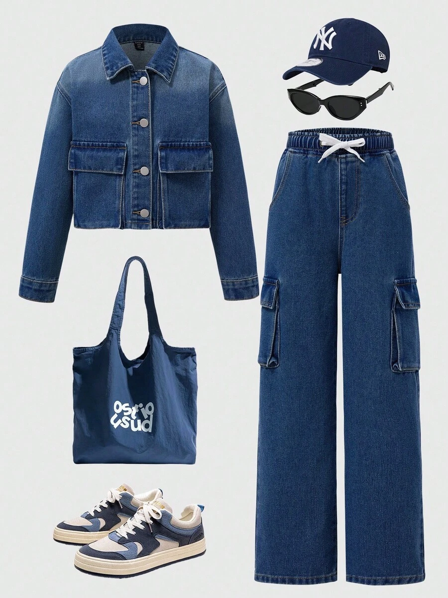 青少年女孩 Y2K 风格牛仔两件套服装，休闲街头套装，适合上学、通勤、日常穿着、聚会、秋冬穿着 - 中等水洗藍 - 查看 1