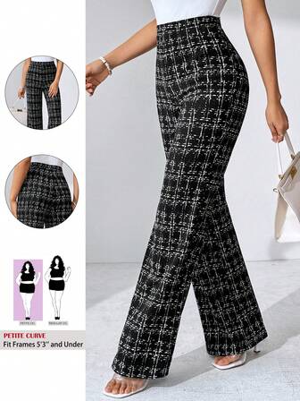 SHEIN PETITE CURVE 大码优雅女式格子印花弹力针织裤，适合各种场合