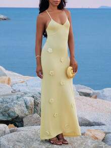 Yess Loren Women's Solid Color Simple Stylish Sweater Jumpsuit Dress, Suitable For Summer - Yellow - View 5