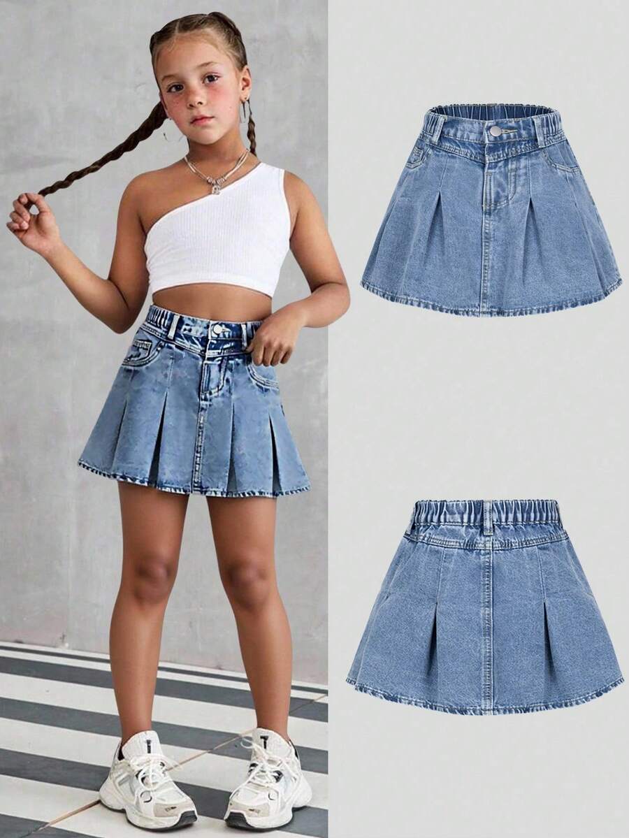 SHEIN Váy denim xếp ly cạp chun cổ điển thời trang đa năng thoải mái giản dị tối giản cho bé gái tuổi teen - Rửa nhẹ - Xem 1