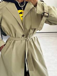 StreetHx Women's Solid Color Real Pocket Waist Tie Long Trench Coat, Autumn - Khaki - View 7