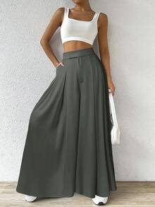SHEIN EZwear 春夏大码百褶休闲阔腿裤 - 灰色 - 查看 3