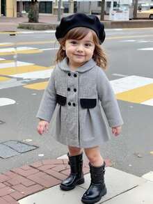 SHEIN 2pcs/Set 6Months-3Years Baby Girl Coat Casual Style Fall Outfits For Girl Warmer Coat&Hat Winter