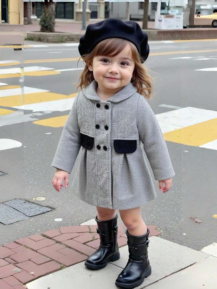 SHEIN 2pcs/Set 6Months-3Years Baby Girl Coat Casual Style Fall Outfits For Girl Warmer Coat&Hat Winter